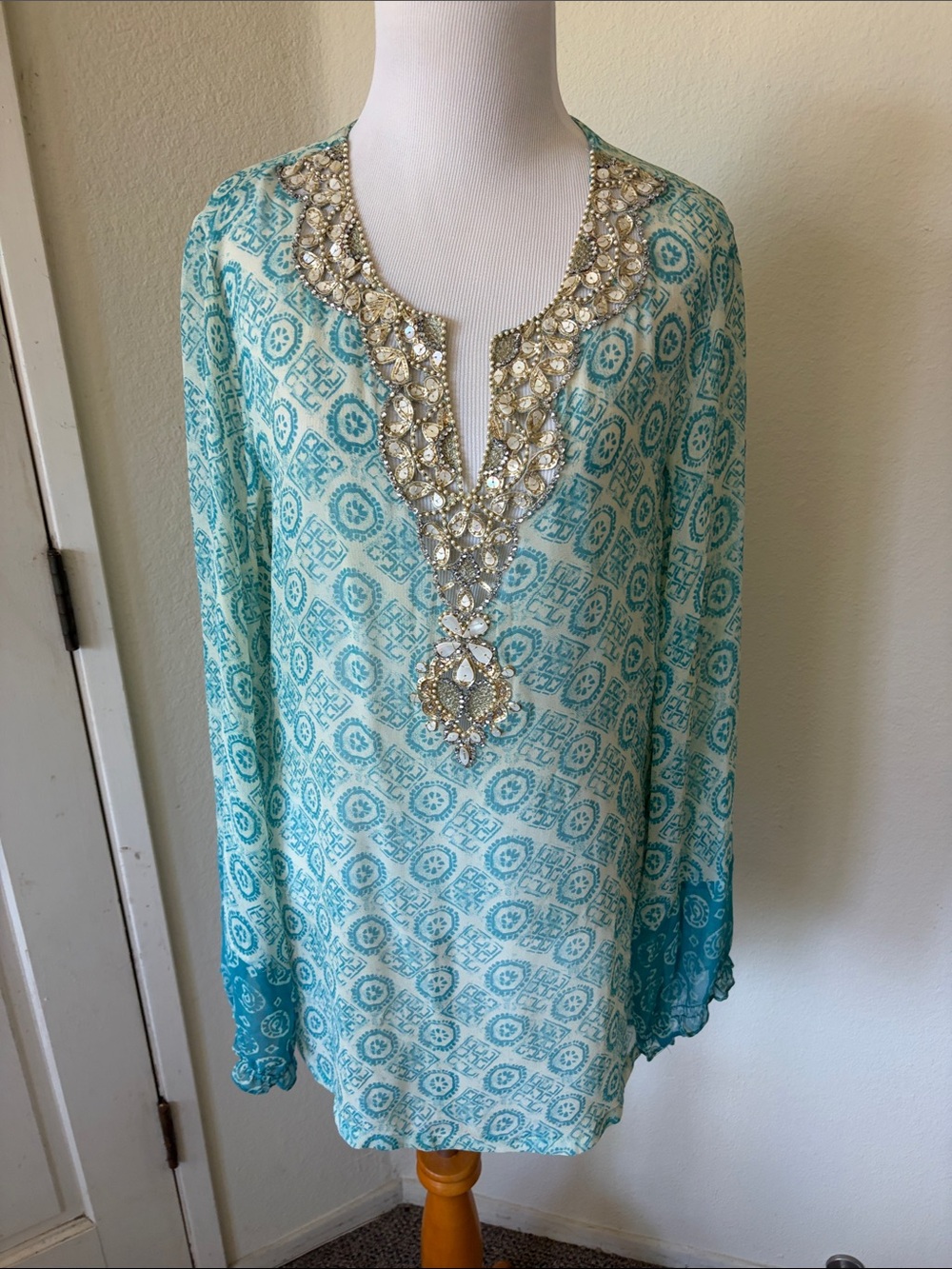 Embellished Aqua Blue Printed Tunic Top